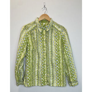 Sigrid Olsen 100% Linen Long Sleeve Button Up Top Sz L Green Abstract Country